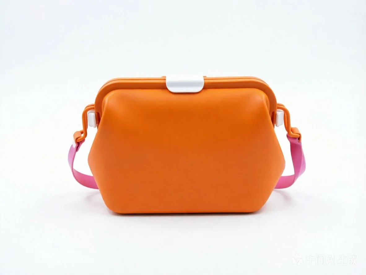 Orange silicone bag with a white snap frame and pink side fittings