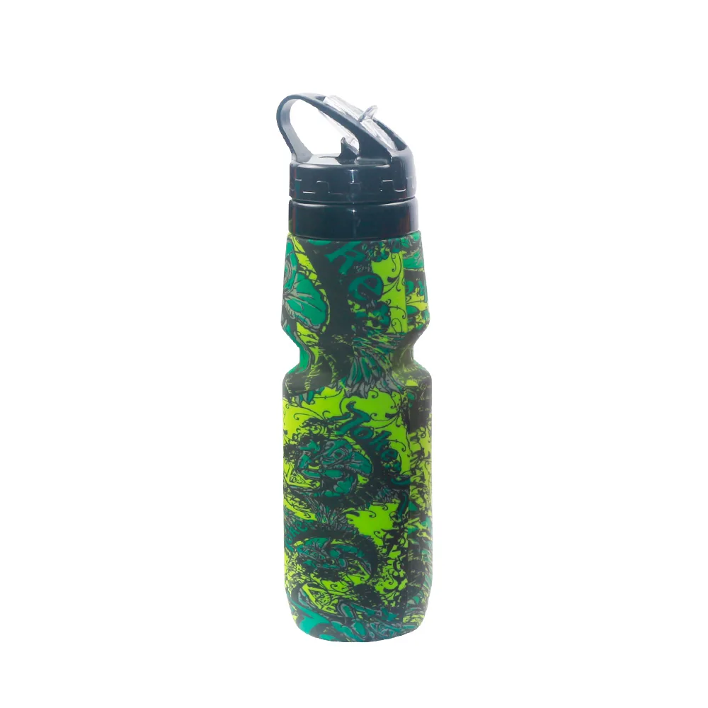 Green patterned collapsible sports bottle with a carrying loop