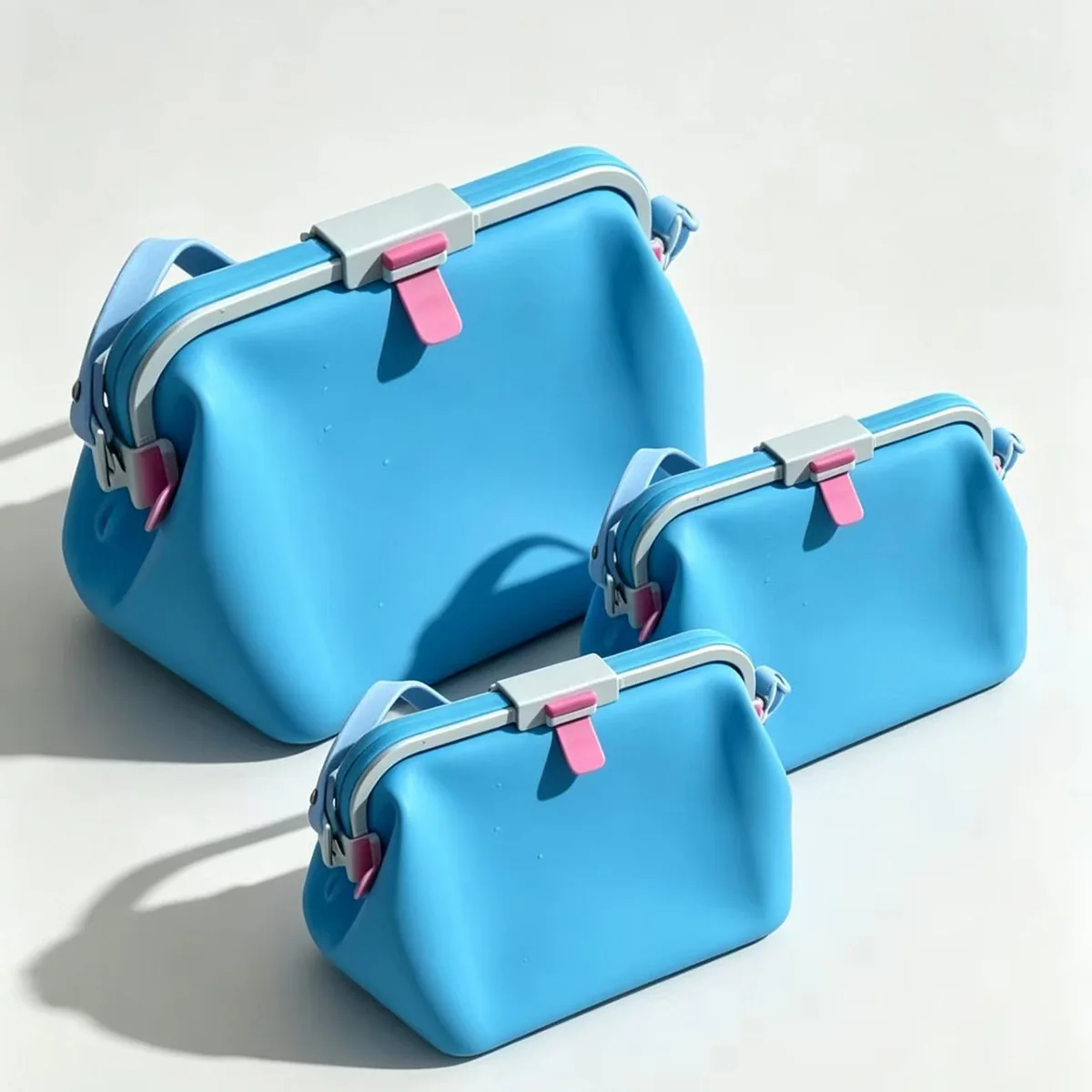 Three blue snap-frame silicone bags with shoulder straps in different sizes